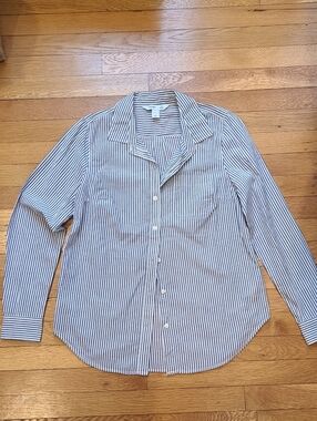 Gray and White Stripe Womens Button-Up Shirt